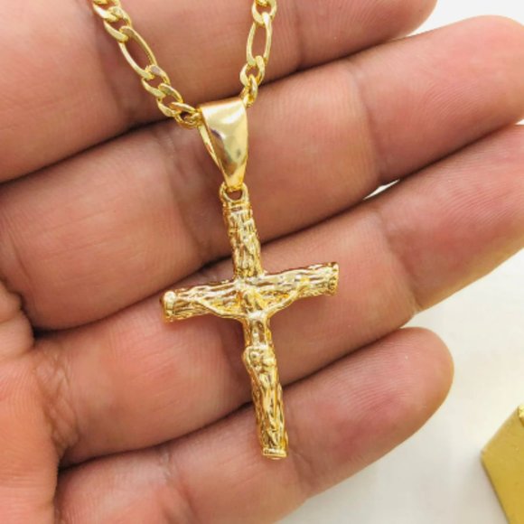Yellow Gold Filled Rustic Cross Necklace with Figaro Chain 24" for Mens Womens - Picture 2 of 8